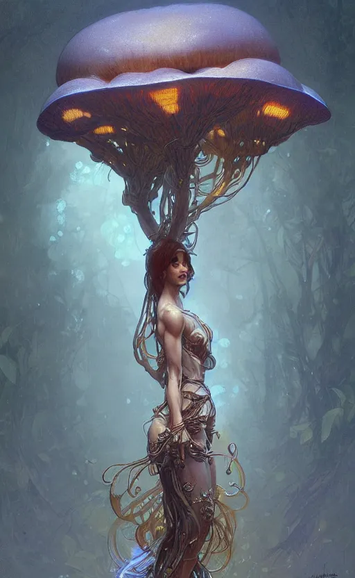 Image similar to a humanoid mushroom creature, humanoid shape, full body, intricate, highly detailed, digital painting, artstation, concept art, sharp focus, cinematic lighting, illustration, art by artgerm and greg rutkowski, alphonse mucha, cgsociety