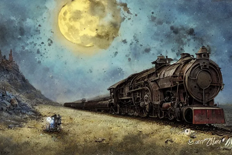 Image similar to an old locomotive, by jean - baptiste monge, eerie moon eclipse cinematic scenery