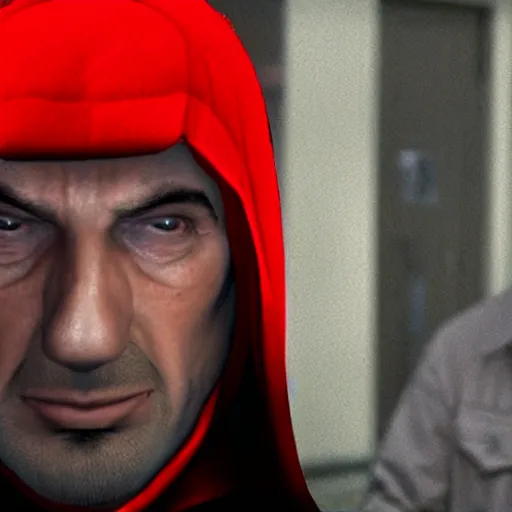 Image similar to grainy film still of niko bellic and a man wearing a red hoodie and a plastic clown mask from the dark knight returns's bank robbery scene, photorealistic