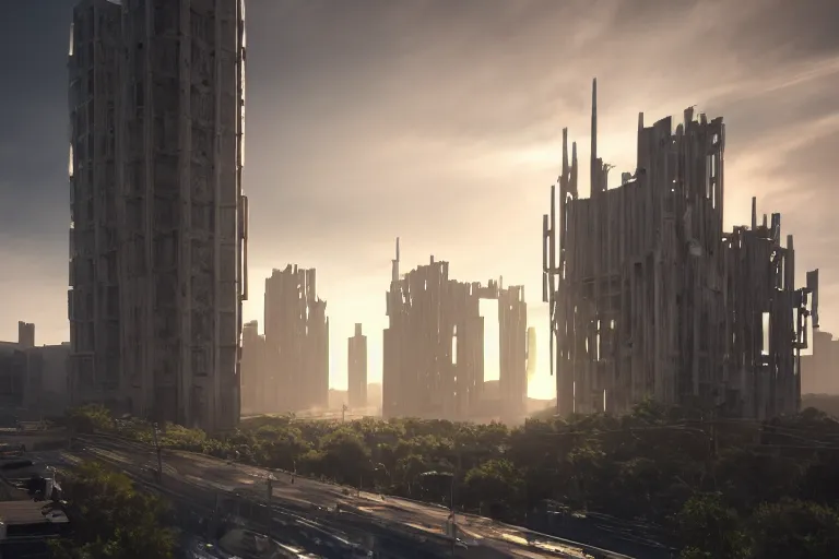 Image similar to streetscape, a towering cathedral of brutalist architecture, buildings covered with greebles, stunning volumetric light, sunset, metal, concrete and translucent material, stunning skies, majestic landscape, trending on Artstation, 8k, photorealistic, hyper detailed, unreal engine 5, IMAX quality, cinematic, epic lighting, in the style of Greg Rutkowski