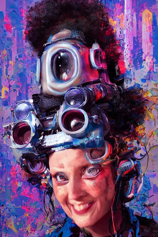 Image similar to portrait, headshot, digital painting, an delightfully crazy, wholesome techno - shaman lady, techno goggles, synthwave, glitch, fracture, realistic, hyperdetailed, chiaroscuro, concept art, art by john berkey