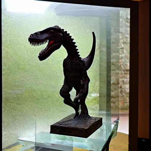 Prompt: ancient Celtic stone statue of a dinosaur in a glass display case