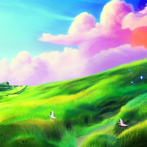 Image similar to a beautiful clean digital art of a landscape with lush green pastures and a beach with birds flying in the sky with white fluffy clouds, a colorful color palette, trending on artstation, 4 k