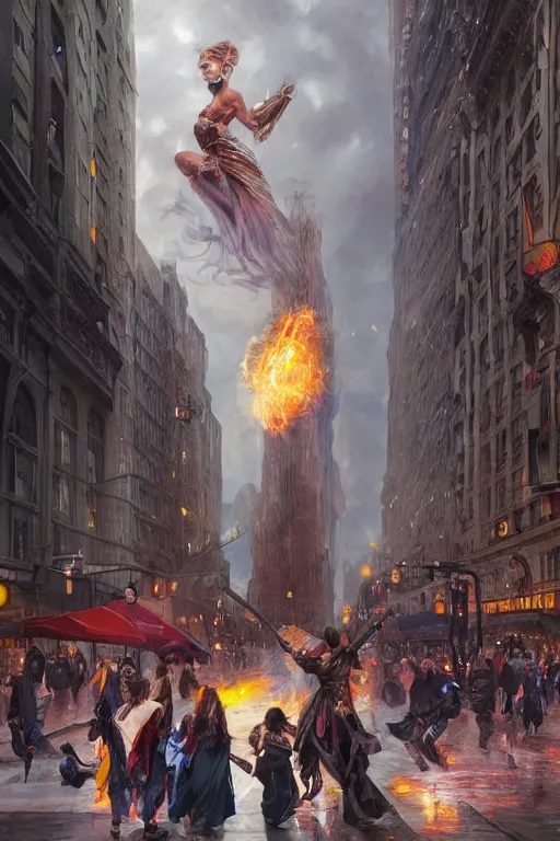 Image similar to Beautiful few sorcerers attacking people on streets with thunders in New York city , wide angle, magic, fire, face painting, dramatic lighting, intricate, wild, highly detailed, digital painting, artstation, concept art, smooth, sharp focus, illustration, art by artgerm and greg rutkowski and alphonse mucha, footage from space camera