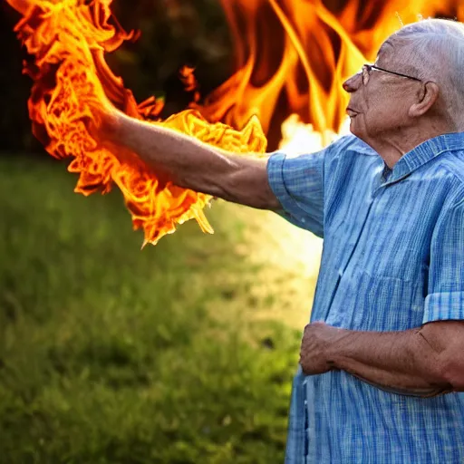 Prompt: an elderly man with thick glasses looking up at sun. his shirt is on fire. long shot. 3 / 4 view.