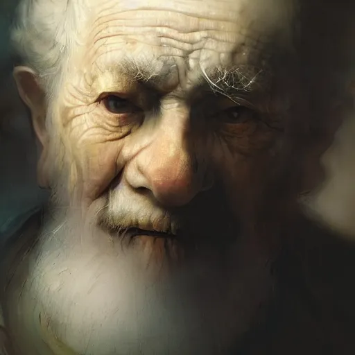 Prompt: an old man with a scary hole forming in the middle of his face, centered and symmetrical, digital painting by Rembrandt and Thomas Kinkade and Greg Rutkowski, 4k wallpaper, realistic, detailed facial features