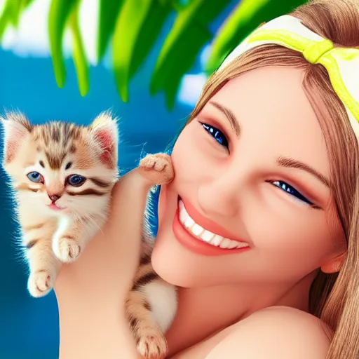 Prompt: photorealistic portrait of blonde young women in bathing suit holding kitten over her head, 3d cgi, photorealistic, cute,