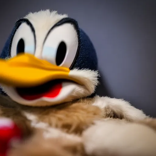 Prompt: realistic photograph of donald duck struggling to fall asleep, grumpy 2 4 mm f 1. 6