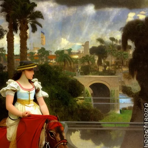 Image similar to Girl riding a horse leaving the castle through the bridge, thunderstorm, beach and palm trees on the background major arcana sky, by paul delaroche, alphonse mucha and arnold böcklin arnold böcklin hyperrealistic 8k, very detailed