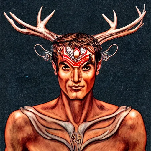 Image similar to Dramatic portraiture of Uuen, the Pictish god of stags, mixed media, trending on ArtStation, by Steve Ditko and ArtGerm and Lucian Freud, luminism