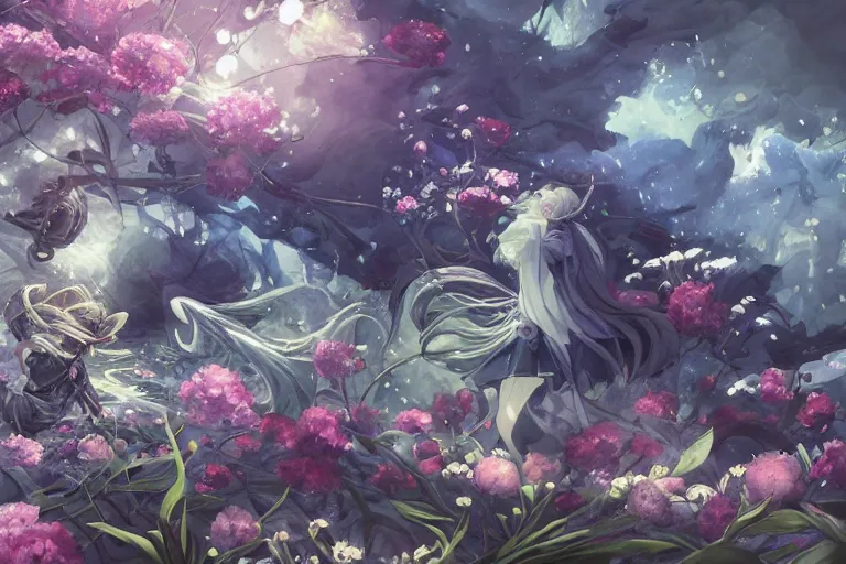 Prompt: scenes, dynamic composition, motion, ultra - detailed, incredibly detailed, a lot of details, amazing fine details and brush strokes, colorful and grayish palette, smooth, hd semirealistic anime cg concept art digital painting, watercolor oil painting of sea of flowers, in style of cytus and deemo, blue flame, relaxing, calm and mysterious vibes