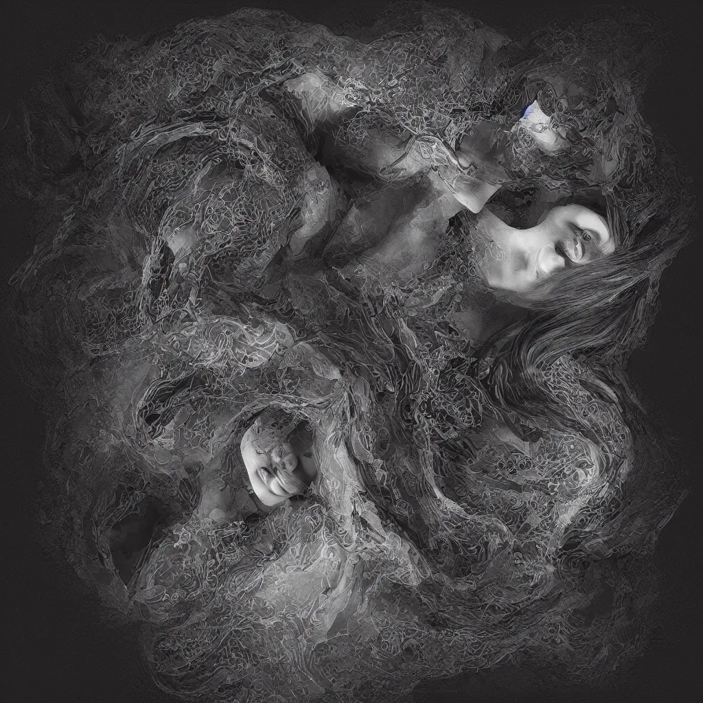 Image similar to digital art of a woman being swallowed by darkness, 3d render, intricate detail