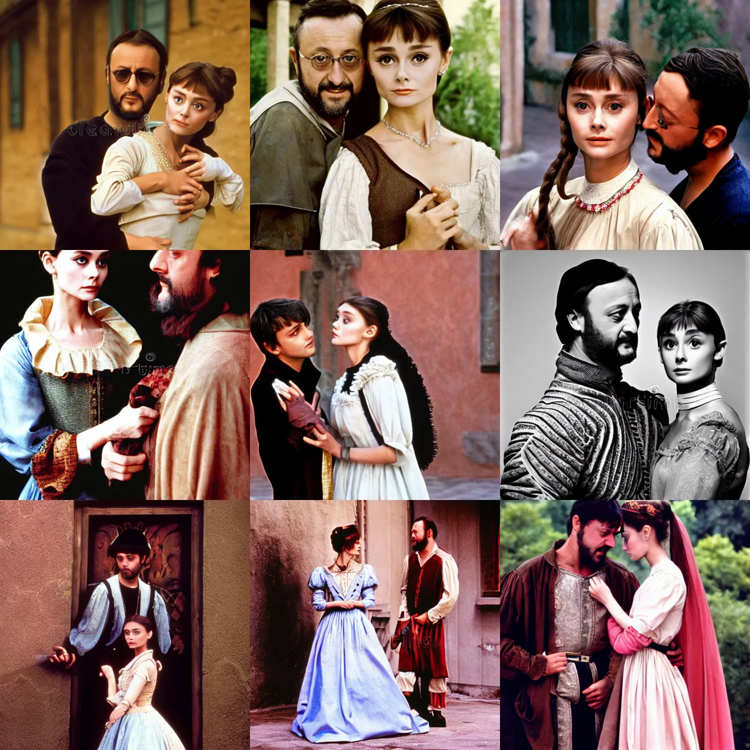 Prompt: juliet ( young audrey hepburn ) and romeo ( young jean reno ) in the 1 6 th century verone, drama play stock photo by steve mccurry