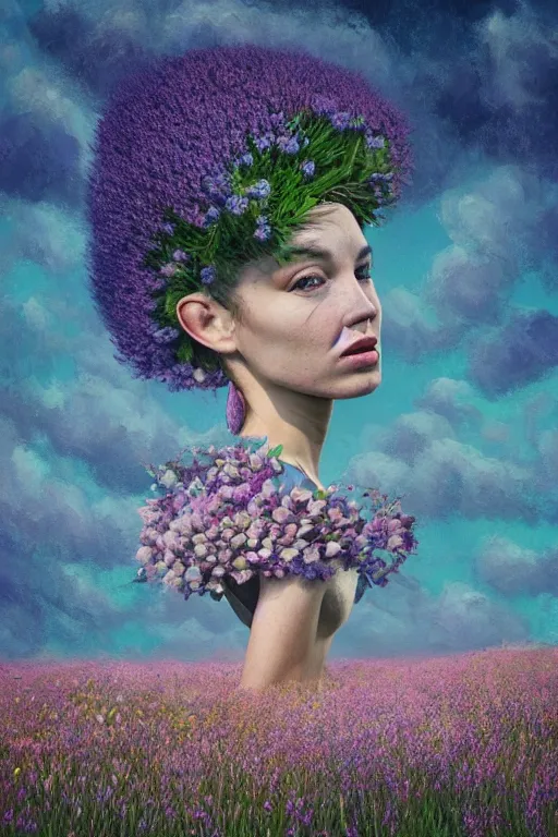 Image similar to closeup, huge flowers as head mohawk, woman in heather field, surreal photography, starlight, storm clouds, impressionist painting, digital painting, artstation, simon stalenhag