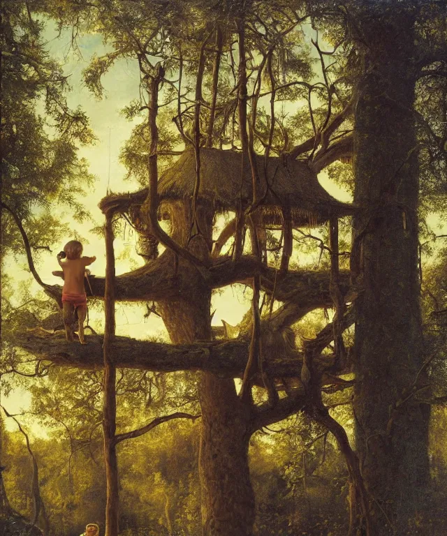 Image similar to masterful oil on canvas painting, eye - level view, shot from 5 0 feet distance, of a kid playing in a treehouse. in the background is a whimsical sparse forest. by ambrosius benson and gerald brom. golden hour, detailed, depth, volume, chiaroscuro, quiet intensity, vivid color palette.