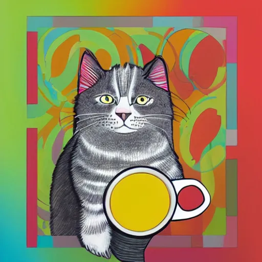 Image similar to colorful album cover art of a cat, drinking a cup of coffee