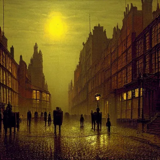 Prompt: Alien invasion in Victorian London at dusk by john atkinson grimshaw