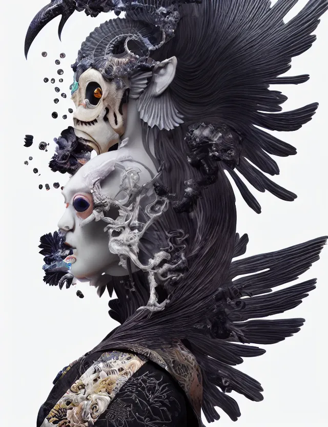 Image similar to 3 d goddess of death close - up profile portrait with ram skull. beautiful intricately detailed japanese crow kitsune mask and clasical japanese kimono. betta fish, jellyfish phoenix, bio luminescent, plasma, ice, water, wind, creature, artwork by tooth wu and wlop and beeple and greg rutkowski