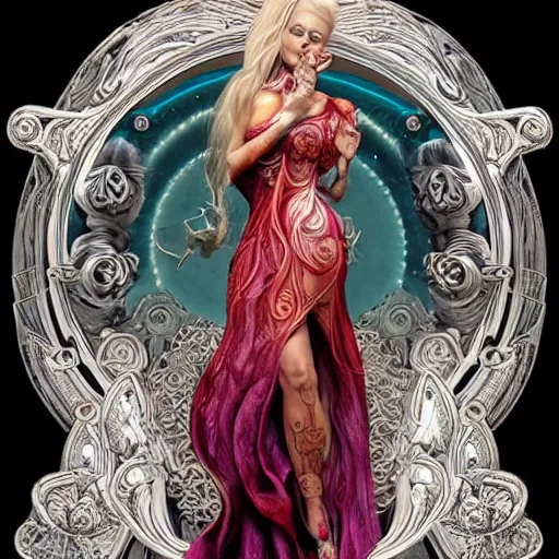 Prompt: blonde girl in a cosmic dress, full-body tattoos, ornate, rococo, grotesque, zbrush art, majestic, organics, silver filigree, colorful, dark fantasy, celtic knot, anatomical, h r giger style, moebius, frank frazetta, ornate, art nouveau, symmetrical, turquoise jewelry, red smoke, roses, unbiased render, rotten, Emil melmoth, eerie, macabre, haunting + insanely detailed and intricate, floral, faded pink, hypermaximalist, elegant, vintage, hyper realistic, super detailed, pastel color, 8K,