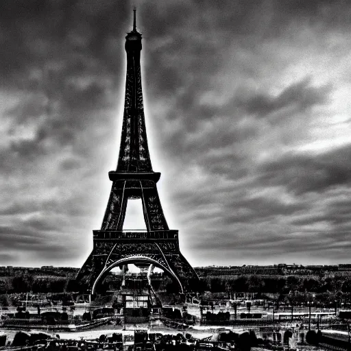 Prompt: the eiffel tower after the zombie apocalypse, dead zombies, black and white, 8k, high resolution, hyperrealistic