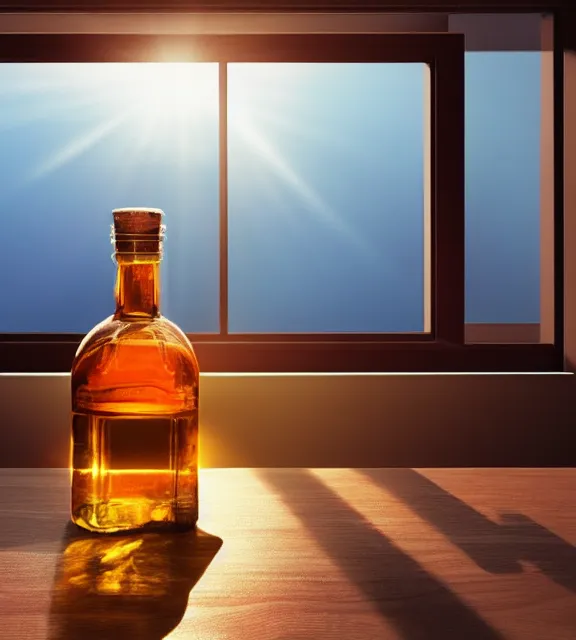 Prompt: a 4 k photorealistic photo of a bottle on a desk infront of a window. good reflections, sunny with sunbeams.