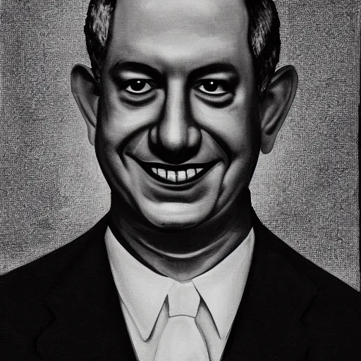 Image similar to Gothic portrait of Benjamin Netanyahu grinning in a dark office, black make up, detailed