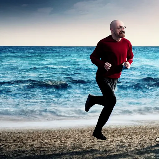 Image similar to Walter White running on the beach, artistic, 8k, cinematic