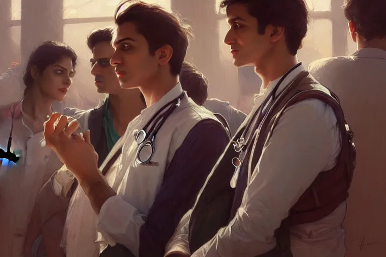 Image similar to Anxious good looking pale young Indian doctors wearing American clothes at the airport, portrait, elegant, intricate, digital painting, artstation, concept art, smooth, sharp focus, illustration, art by artgerm and greg rutkowski and alphonse mucha