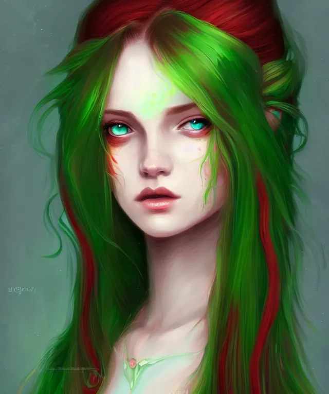 Image similar to Fae teenage girl, portrait, face, long red hair, green highlights, fantasy, intricate, elegant, highly detailed, digital painting, concept art, smooth