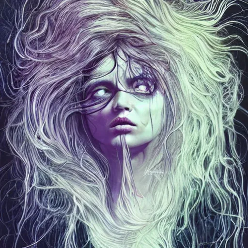 Prompt: long haired transcendent eldritch entity, beautiful tears, cosmic imagery, intense emotion, emotional concept art, hyperrealism, detailed eyes, glitch! art