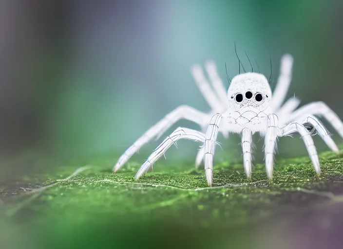 Image similar to super macro of a clear white crystal spider with cybernetics, in the forest. Fantasy magic style. Highly detailed 8k. Intricate. Nikon d850 300mm. Award winning photography.