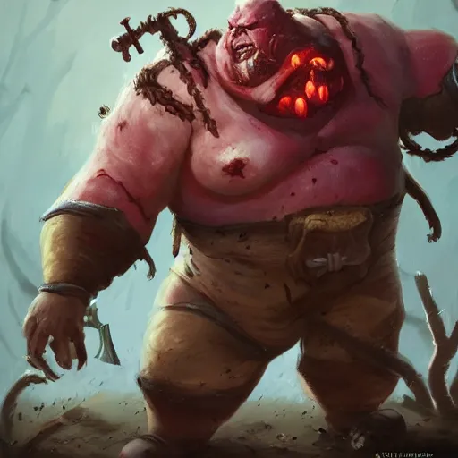 Prompt: a fat fleshy abomination butcher holding a cleaver and a hook hand, meats on the ground, in the style of greg rutkowski, fantasy rpg, league of legends