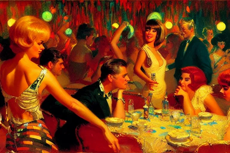 Image similar to sixties disco party, summer, neon light, painting by gaston bussiere, craig mullins, j. c. leyendecker