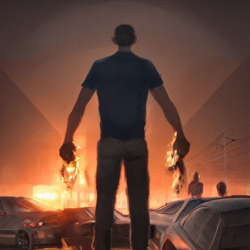 Image similar to man standing on a pile of cars, torch in hand, sunset, concept art, intricate details, highly professionally detailed, cgsociety, highly detailed -