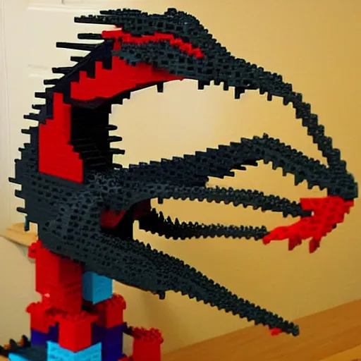 Prompt: “fire breathing dragon made from Lego”