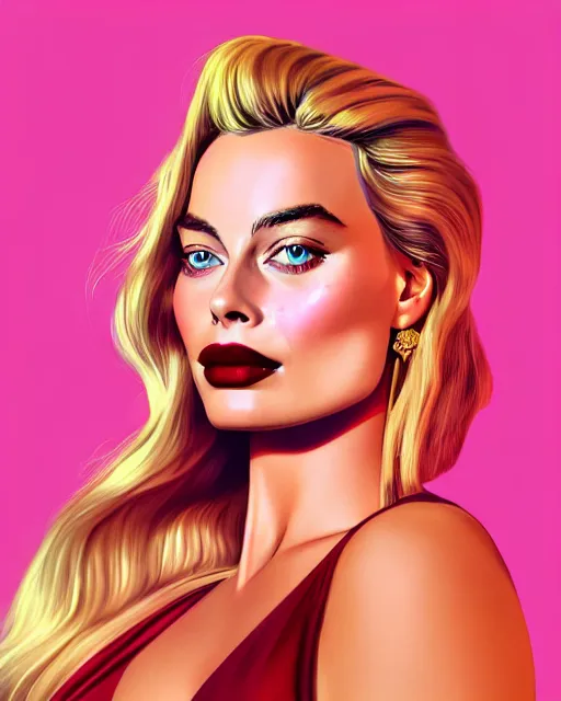 Image similar to closeup portrait beautiful seductive margot robbie with long windblown hair in a gold party dress in standing on a street in chinatown, pink lipstick, glamour pose, detailed illustration, digital art, trending on artstation, arney freytag, frank miller, moebius, graffiti, gta v,