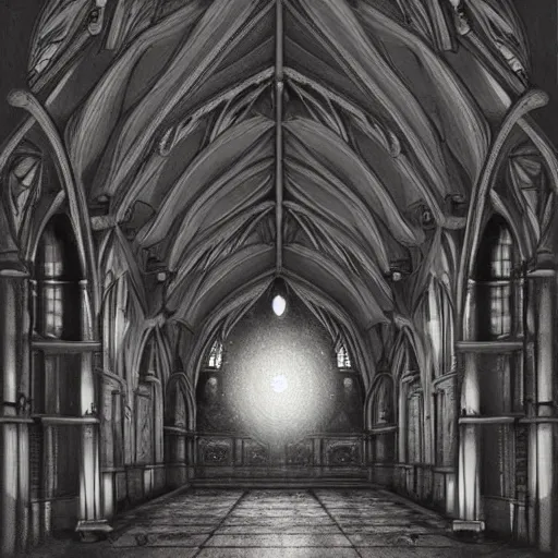 Image similar to large gothic hall with large chandeliers under the ceiling, horror movie, moonlight, artstation, detailed, city pop aestetics