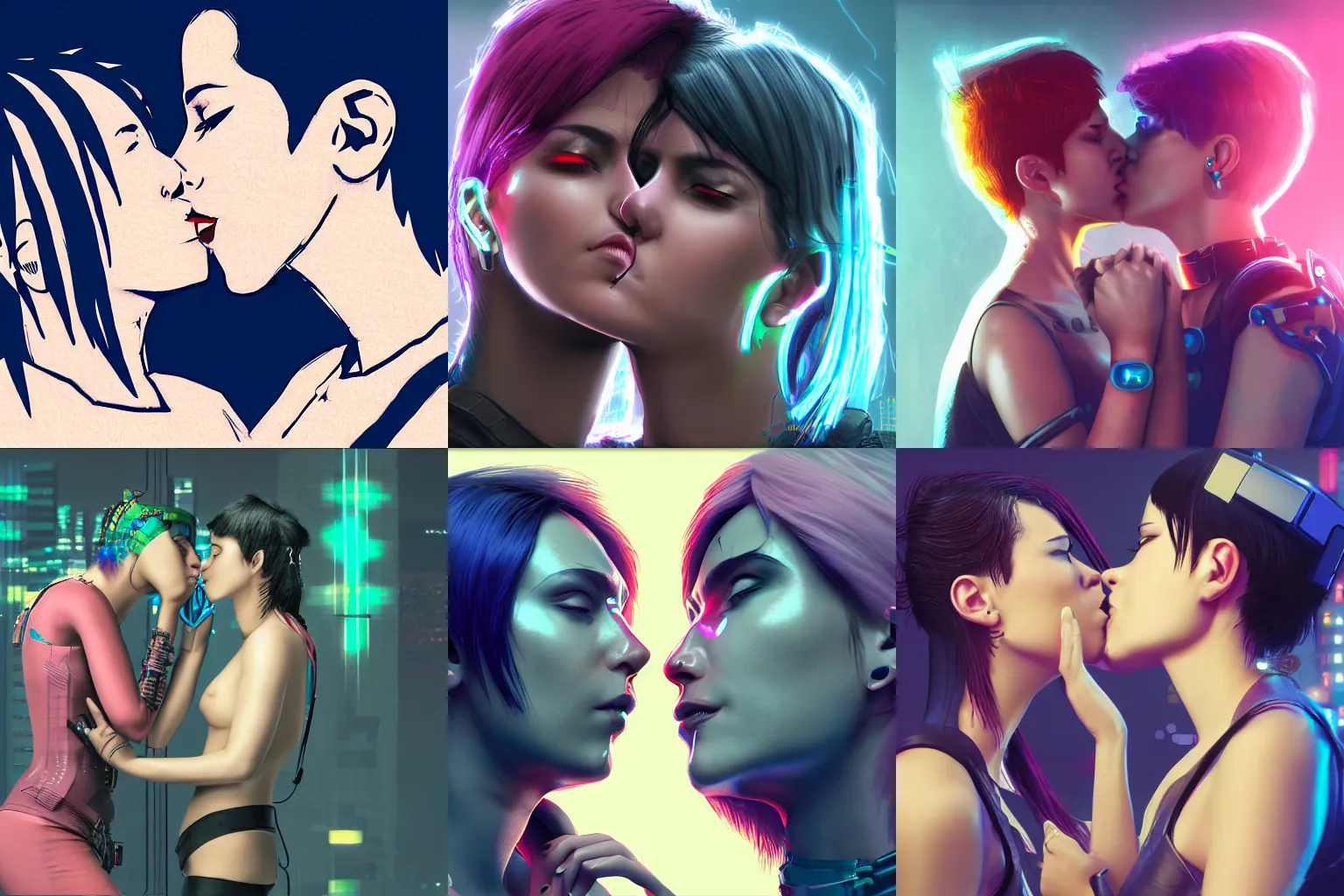 Image similar to cyberpunk lesbians kissing, 4k, trending on artstation