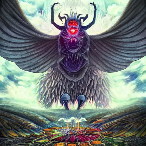 Image similar to 8K Portrait of centered chest up of a psychedelic godlike mothman with giant mandala wings smoking a hand-rolled cigarette smoking heavily , magic mushroom village in background , post-processing , award winning. superb resolution. in the art style of junji Ito and greg rutkowski . Detailed Mushroom city in background. Hyper realistic anime. Perfect art. Dalle2