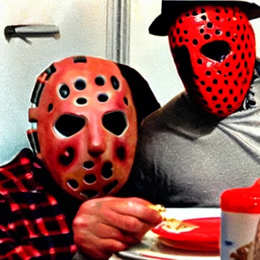 Image similar to Jason voorhees eating pancakes with Freddy Krueger