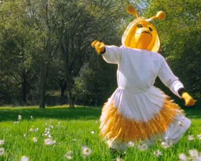 Prompt: William Dafoe dancing in the bee costume on the sunny meadow with clear sky, film still, very long shot, high detail