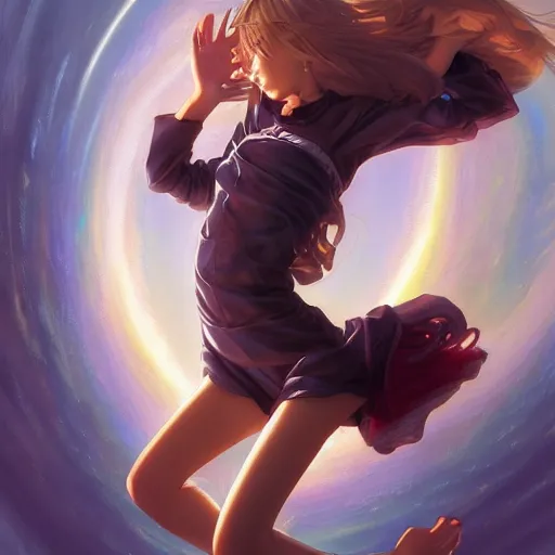 Prompt: Anime girl falling out of the sky through a giant time portal, detailed, centered, digital painting, artstation, concept art, donato giancola, Joseph Christian Leyendecker, WLOP, Boris Vallejo, Breathtaking, 8k resolution, extremely detailed, beautiful, establishing shot, artistic, hyperrealistic, beautiful face, octane render, cinematic lighting, dramatic lighting, masterpiece