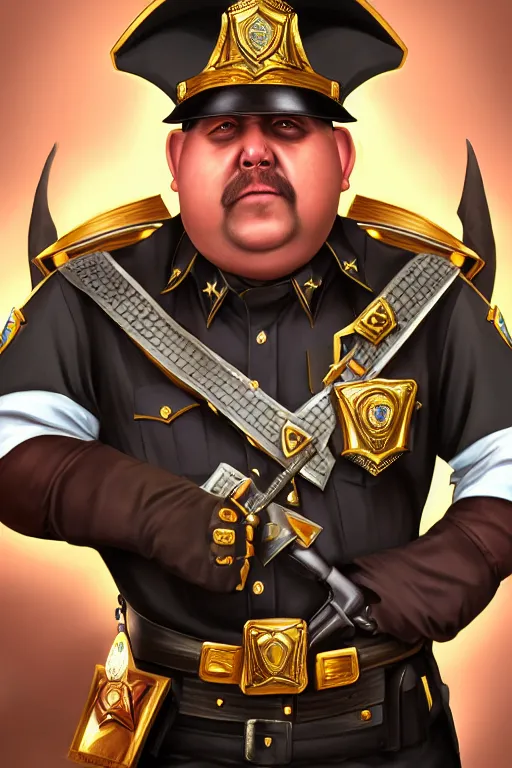 Prompt: high elf mall cop with a sheriff's badge that is fat, shifty, and incompetent, RPG portrait from the chest up, Oil Painting, hyperrealistic, Detailed Digital Art, dynamic lighting, Highly Detailed, Cinematic Lighting, 8k, HD