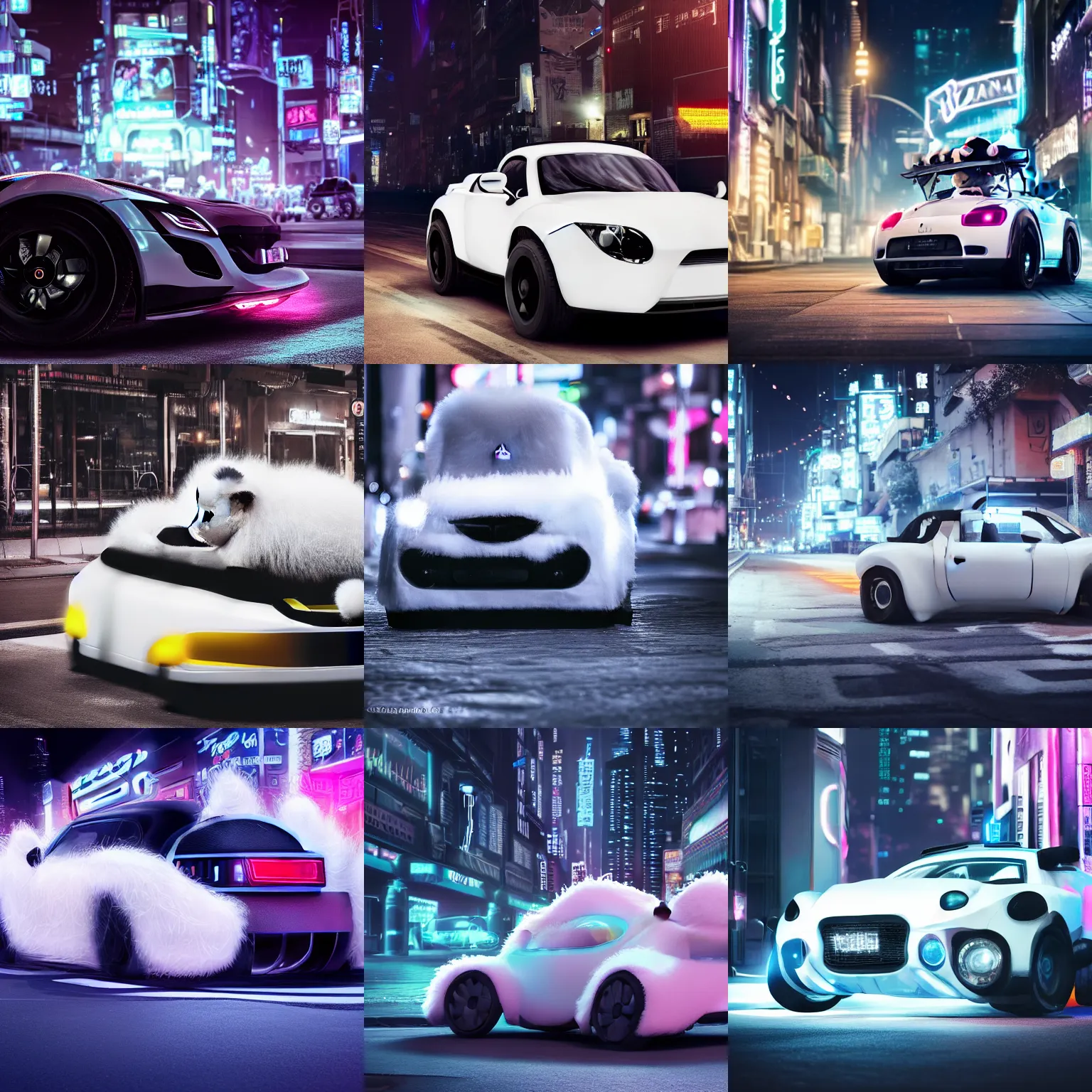 Prompt: a fluffy roadster covered with white fur and looked like a cute panda, with cool headlights, parking in the street, Cyberpunk, neon light, 4k, hd, highly detailed, future