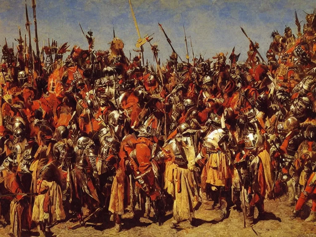 Image similar to The Spanish conquistadors meeting for the first time the Aztecs. Painting by Ilya Repin