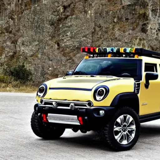 Prompt: a hummer mixed with a mini cooper