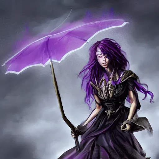 Image similar to a woman in a purple dress holding a staff and dark magic, storm and rain behind her, action scene, magical concept art, artstation contest winner, fantasy art, dark and mysterious, artstation hd, 1 2 0 mm lens, hero pose, detailed, 8 k, digital art