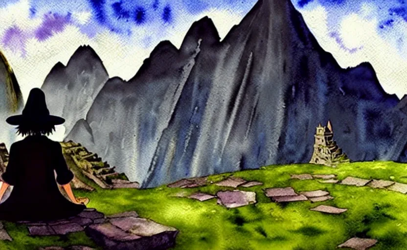 Prompt: a realistic and atmospheric watercolor from howl's moving castle ( 2 0 0 4 ) of a witch meditating in machu pichu. very dull muted colors, hd, 4 k, hq