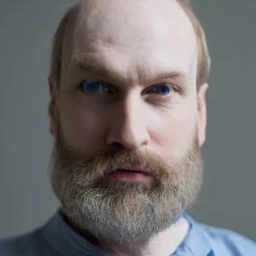 Prompt: photograph of a balding, bearded middle aged blond man, with dark blue eyes, and very pale skin