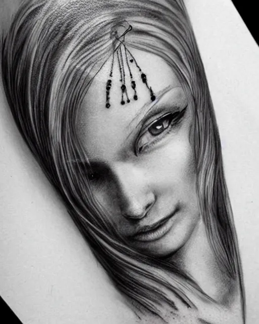 Image similar to tattoo sketch of beautiful greek goddess aphrodite with arrowhead earrings, beautiful piercing eyes, flowing blonde hair, realistic face, hyper realistic, in the style of greg rutkowski, fantasy, amazing detail, epic, intricate, elegant, smooth, sharp focus